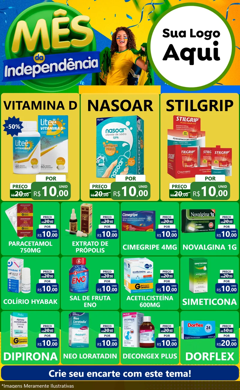Modelo de Encarte para Encarte Grande com o tema Mês da Independência para Farmácia
