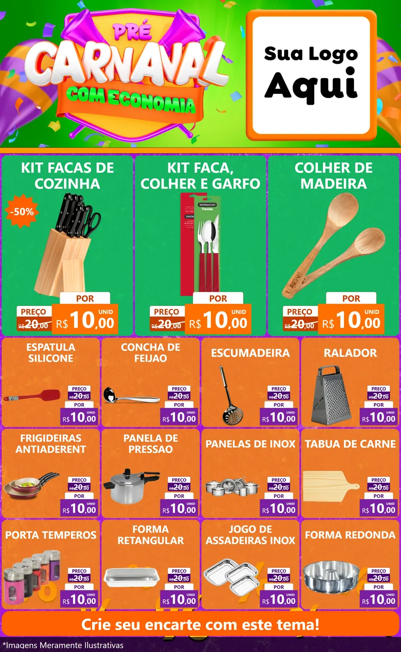 Modelo de Encarte para Encarte Grande com o tema Pré-Carnaval Com Economia para Utilidades Domésticas