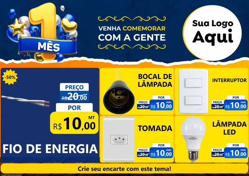 Modelo de Encarte para Encarte A4 Horizontal com o tema Um Mês de Aniversário para Materiais Elétricos