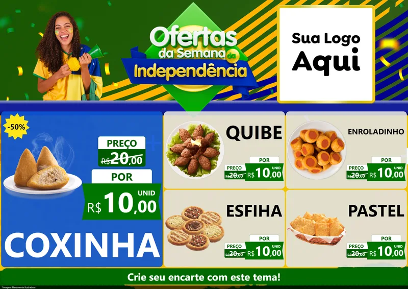 Modelo de Encarte para Encarte A4 Horizontal com o tema Ofertas da Semana da Independência para Salgadaria
