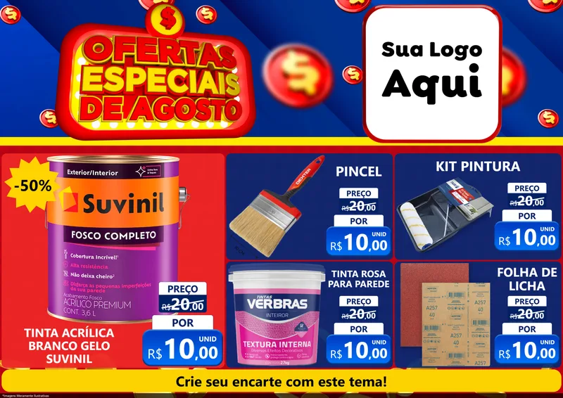 Modelo de Encarte para Encarte A4 Horizontal com o tema Ofertas Especiais de Agosto para Tintas e Ferramentas