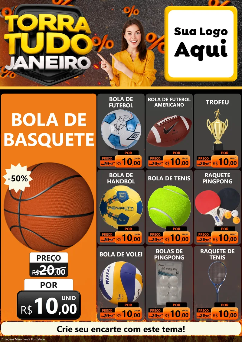 Modelo de Encarte para Encarte A4 Vertical com o tema Torra Tudo Janeiro para Artigos Esportivos