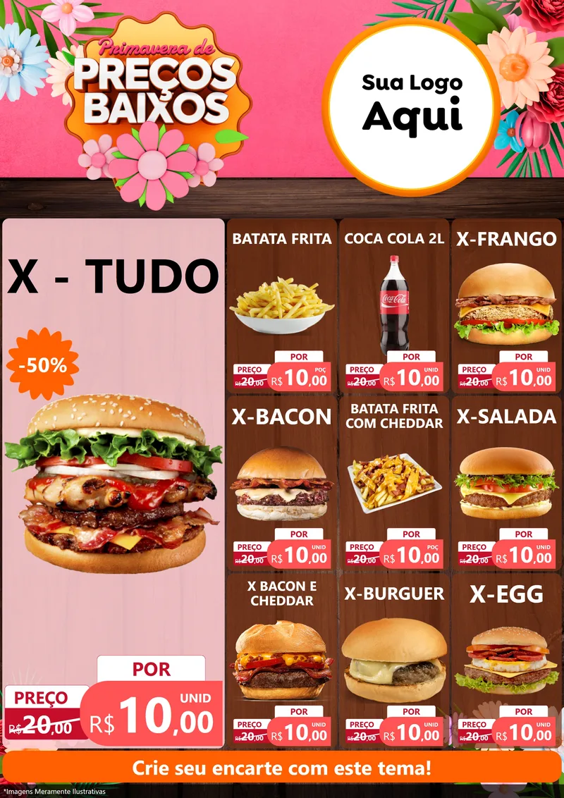 Modelo de Encarte para Encarte A4 Vertical com o tema Primavera de Preços Baixos para Hamburgueria