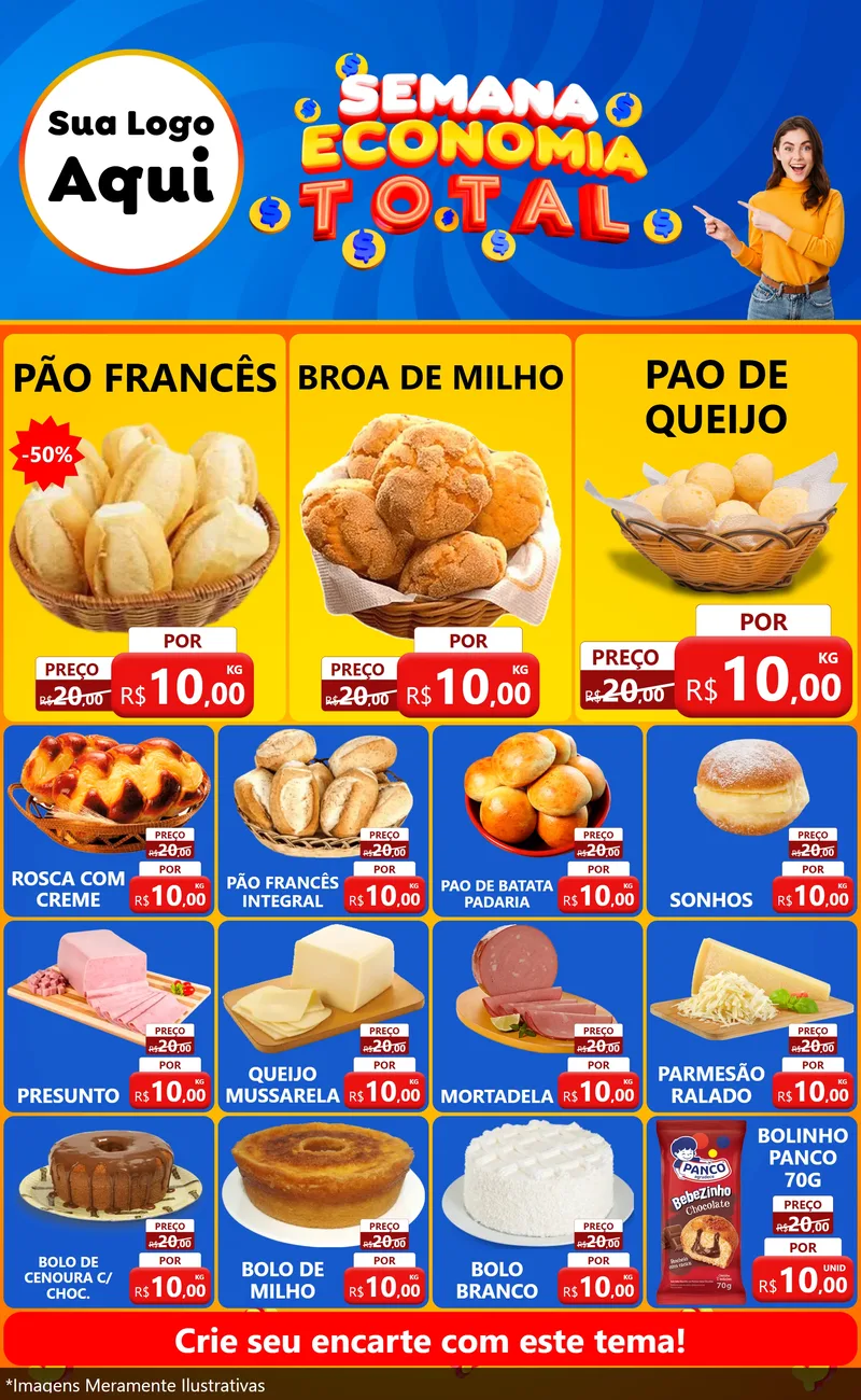 Modelo de Encarte para Encarte Grande com o tema Semana Economia Total para Padaria