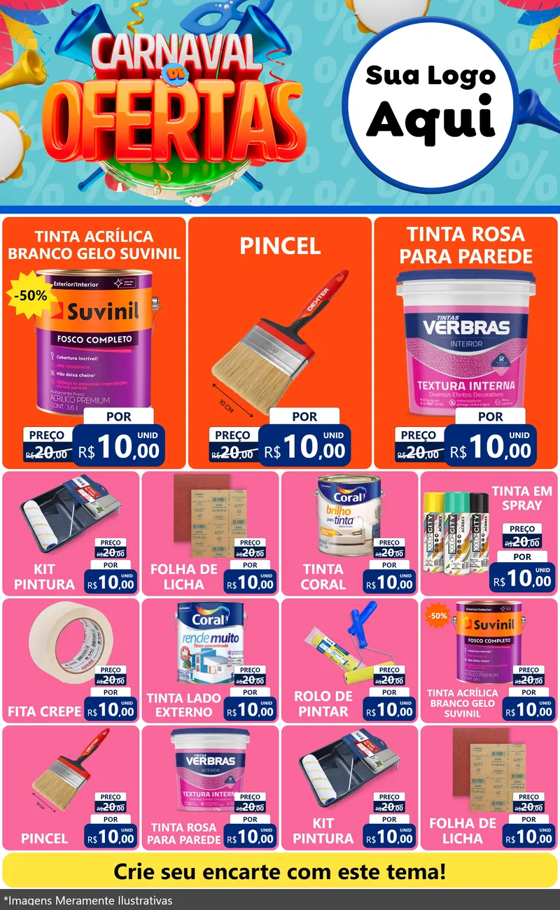 Modelo de Encarte para Encarte Grande com o tema Carnaval de Ofertas para Tintas e Ferramentas