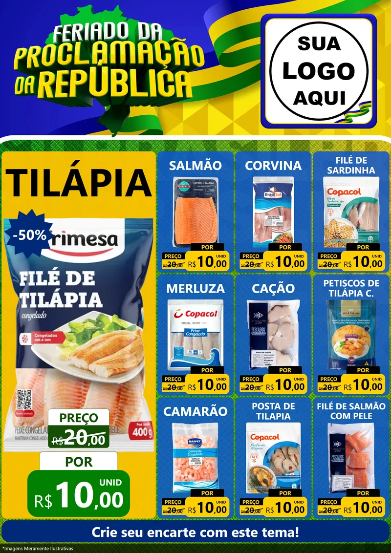 Modelo de Encarte para Encarte A4 Vertical com o tema Feriado da Proclamação da República para Peixaria