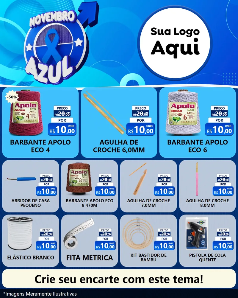 Modelo de Rede Social para Feed Instagram com o tema Novembro Azul para Armarinho e Aviamentos