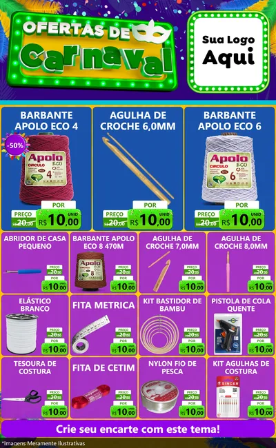 Modelo de Encarte para Encarte Grande com o tema Ofertas de Carnaval para Armarinho e Aviamentos