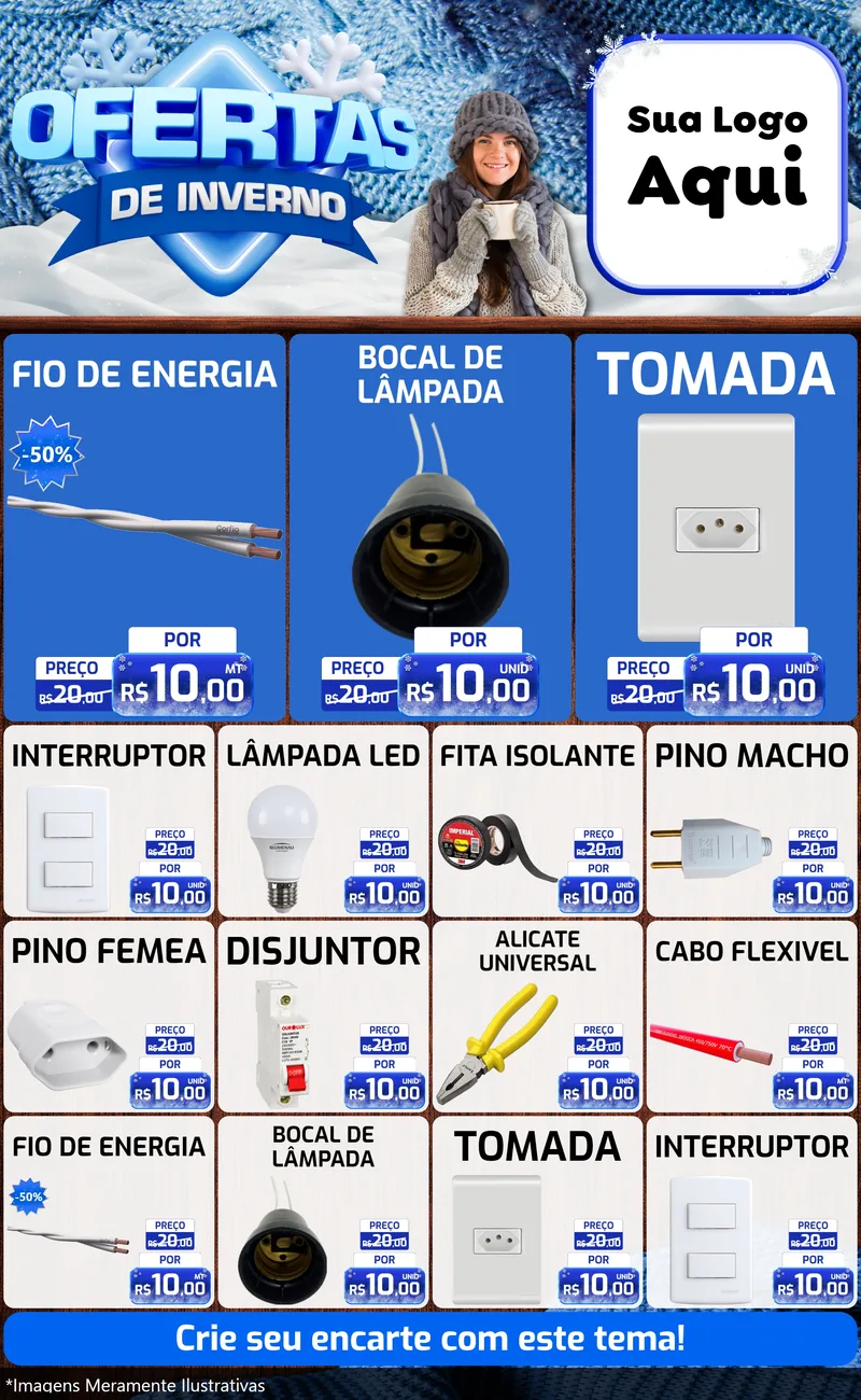 Modelo de Encarte para Encarte Grande com o tema Ofertas de Inverno para Materiais Elétricos