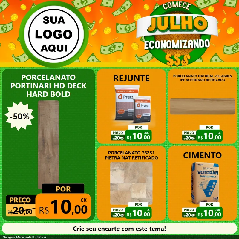Modelo de Rede Social para Feed Facebook com o tema Comece Julho Economizando para Pisos e revestimentos
