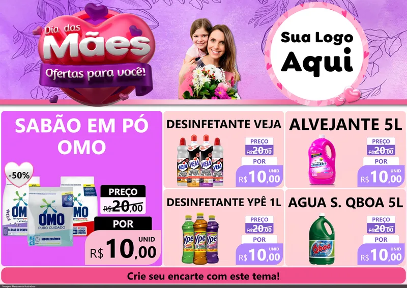 Modelo de Encarte para Encarte A4 Horizontal com o tema Dia das Mães Ofertas para Você! para Produtos de Limpeza