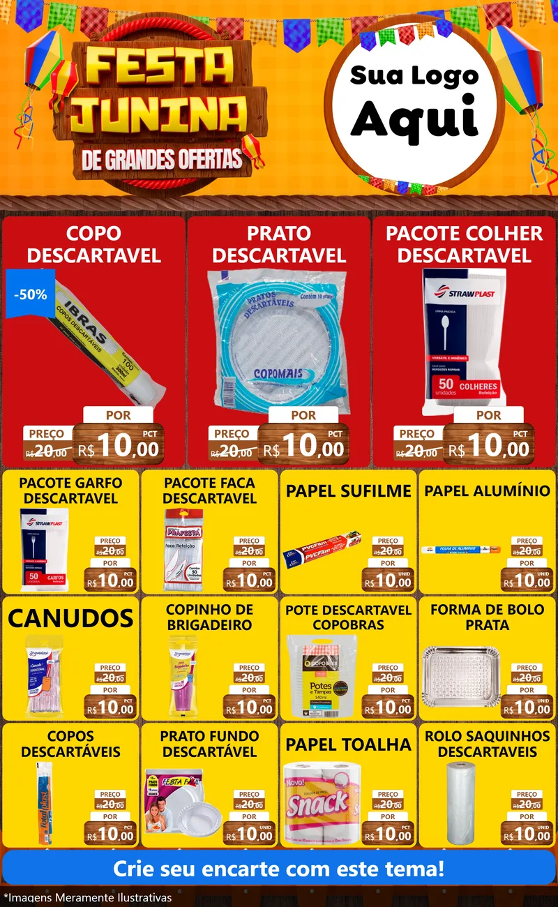 Modelo de Encarte para Encarte Grande com o tema Festa Junina de Grandes Ofertas para Embalagens