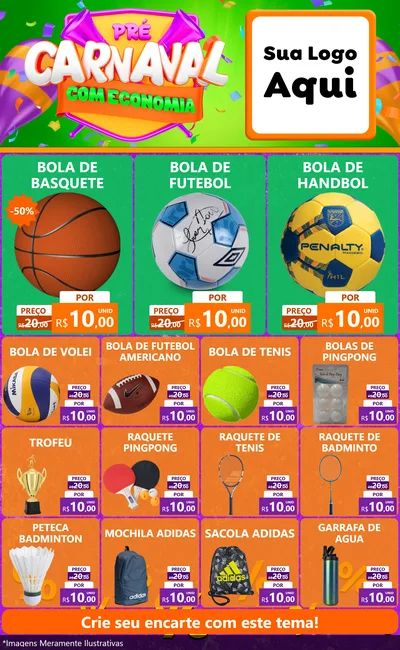 Modelo de Encarte para Encarte Grande com o tema Pré-Carnaval Com Economia para Artigos Esportivos