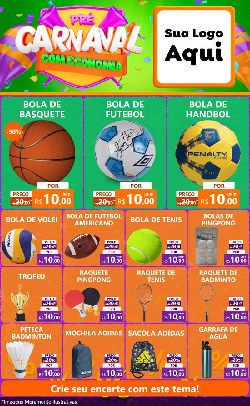 Modelo de Encarte para Encarte Grande com o tema Pré-Carnaval Com Economia para Artigos Esportivos