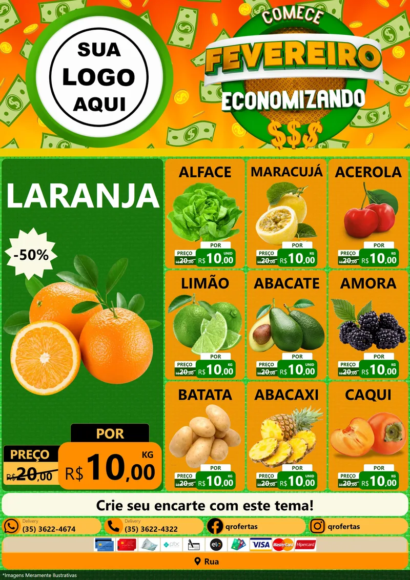 Modelo de Encarte para Encarte A4 Vertical com o tema Comece Fevereiro Economizando para Hortifrúti