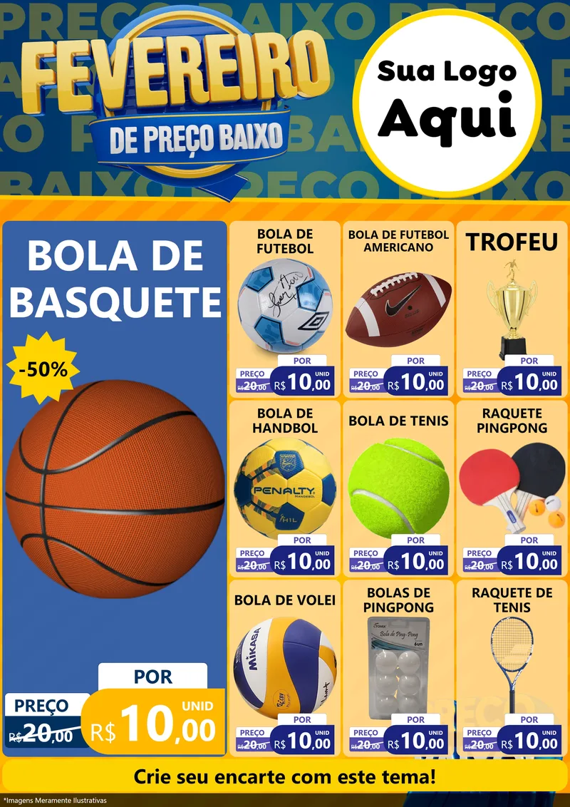 Modelo de Encarte para Encarte A4 Vertical com o tema Fevereiro de Preço Baixo para Artigos Esportivos