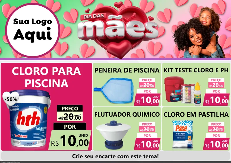Modelo de Encarte para Encarte A4 Horizontal com o tema Dia das Mães para Produtos para Piscina