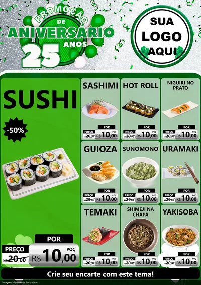 Modelo de Encarte para Encarte A4 Vertical com o tema Promoção de Aniversário - 25 Anos para Comida japonesa