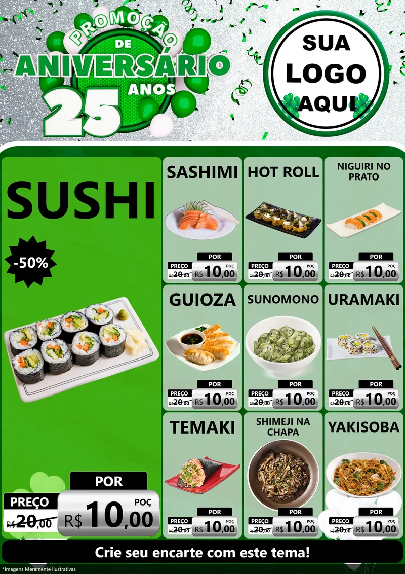 Modelo de Encarte para Encarte A4 Vertical com o tema Promoção de Aniversário - 25 Anos para Comida japonesa