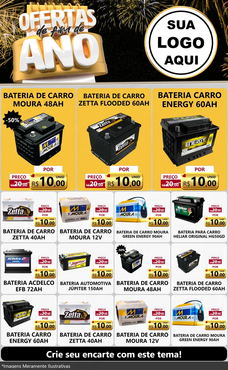 Modelo de Encarte para Encarte Grande com o tema Ofertas de Fim de Ano para Baterias Elétricas