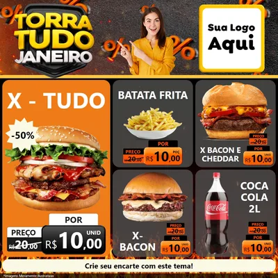 Modelo de Rede Social para Feed Facebook com o tema Torra Tudo Janeiro para Hamburgueria
