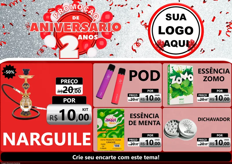 Modelo de Encarte para Encarte A4 Horizontal com o tema Promoção de Aniversário - 2 Anos para Tabacaria