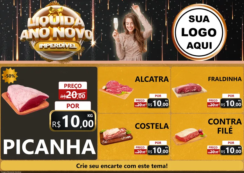 Modelo de Encarte para Encarte A4 Horizontal com o tema Liquida Ano Novo Imperdível para Açougue