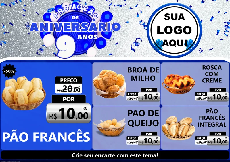 Modelo de Encarte para Encarte A4 Horizontal com o tema Promoção de Aniversário - 9 Anos para Padaria