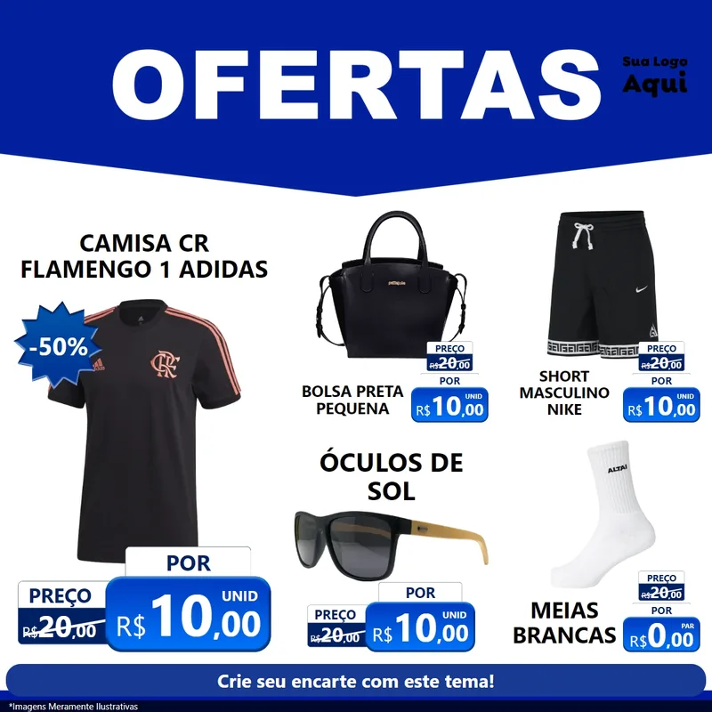 Modelo de Rede Social para Feed Facebook com o tema Ofertas Azul Cartaz para Roupas e acessórios