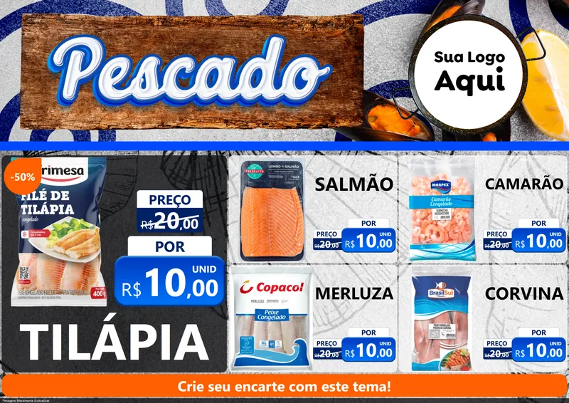 Modelo de Encarte para Encarte A4 Horizontal com o tema Pescado para Peixaria