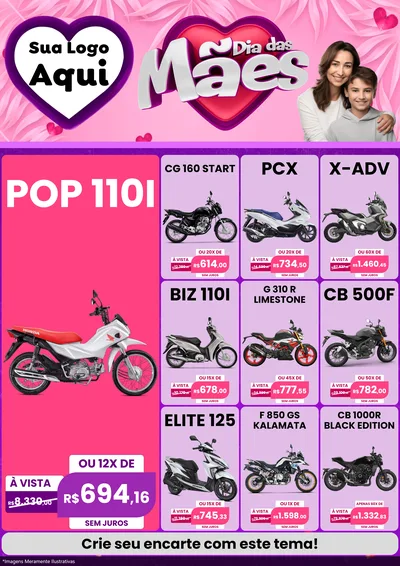 Modelo de Encarte para Encarte A4 Vertical com o tema Dia das Mães para Concessionaria de Motos