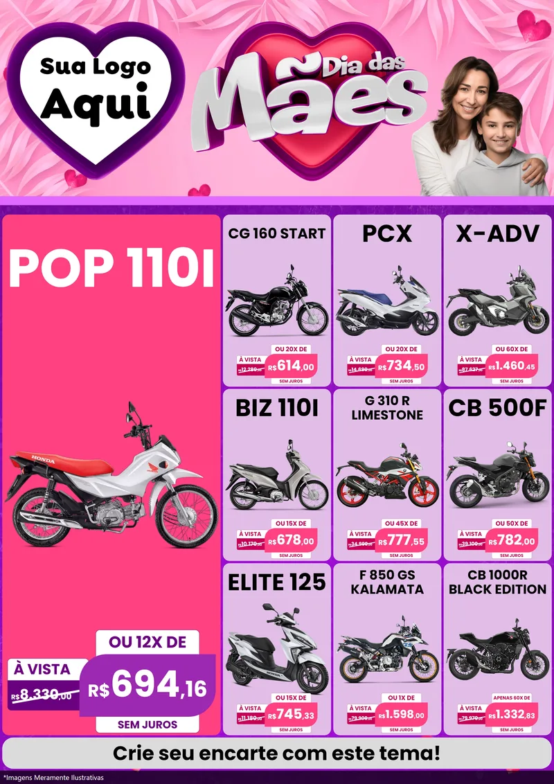 Modelo de Encarte para Encarte A4 Vertical com o tema Dia das Mães para Concessionaria de Motos