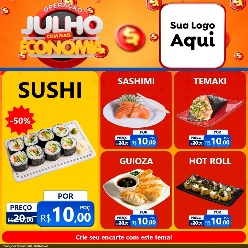 Modelo de Rede Social para Feed Facebook com o tema Operação Julho Com Mais Economia para Comida japonesa