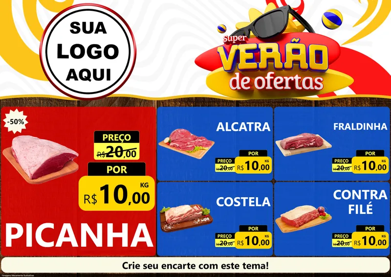 Modelo de Encarte para Encarte A4 Horizontal com o tema Super Verão de Ofertas para Açougue