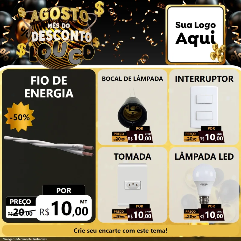 Modelo de Rede Social para Feed Facebook com o tema Agosto Mês do Desconto Louco para Materiais Elétricos