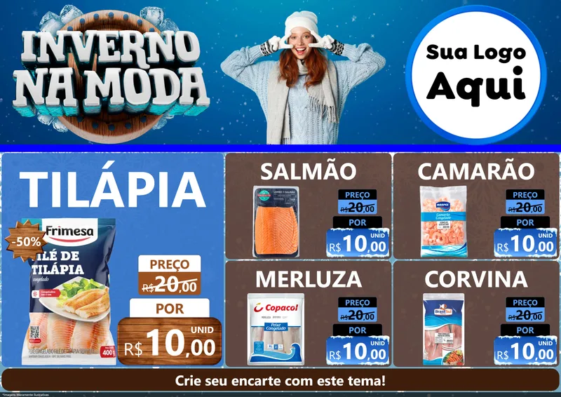 Modelo de Encarte para Encarte A4 Horizontal com o tema Inverno na Moda para Peixaria