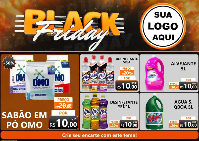 Modelo de Encarte para Encarte A4 Horizontal com o tema Black Friday para Produtos de Limpeza