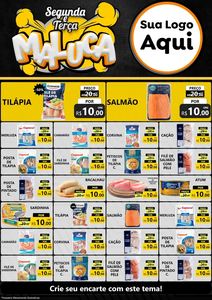 Modelo de Encarte para Encarte A4 Vertical com o tema Segunda e Terça Maluca para Peixaria