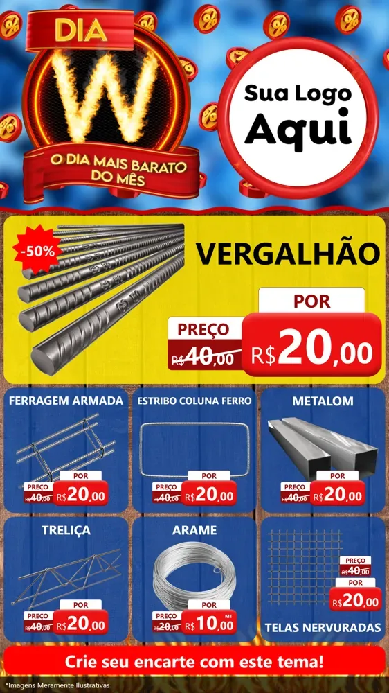 Modelo de Rede Social para Stories com o tema Dia W - O Dia Mais Barato Do Mês para Ferragens