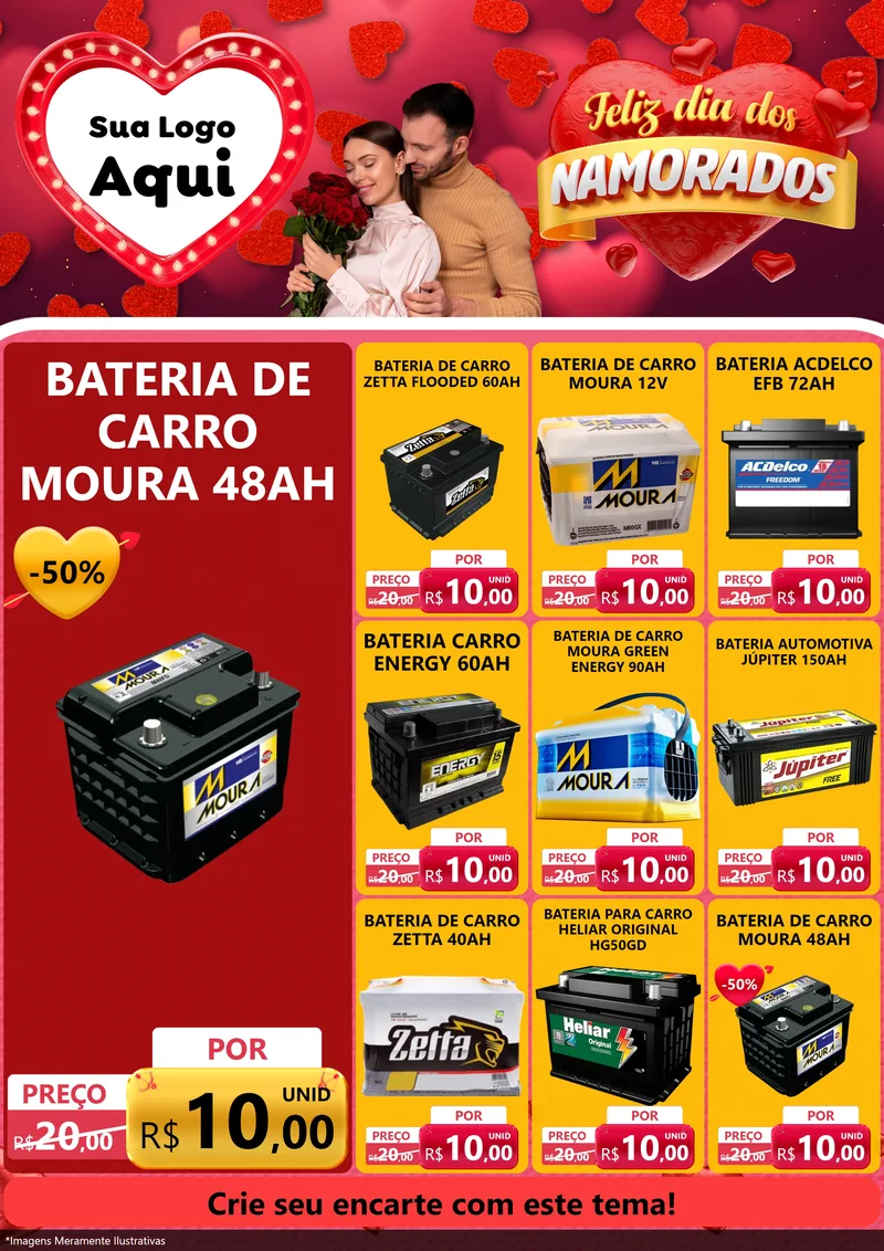 Modelo de Encarte para Encarte A4 Vertical com o tema Feliz Dia Dos Namorados para Baterias Elétricas
