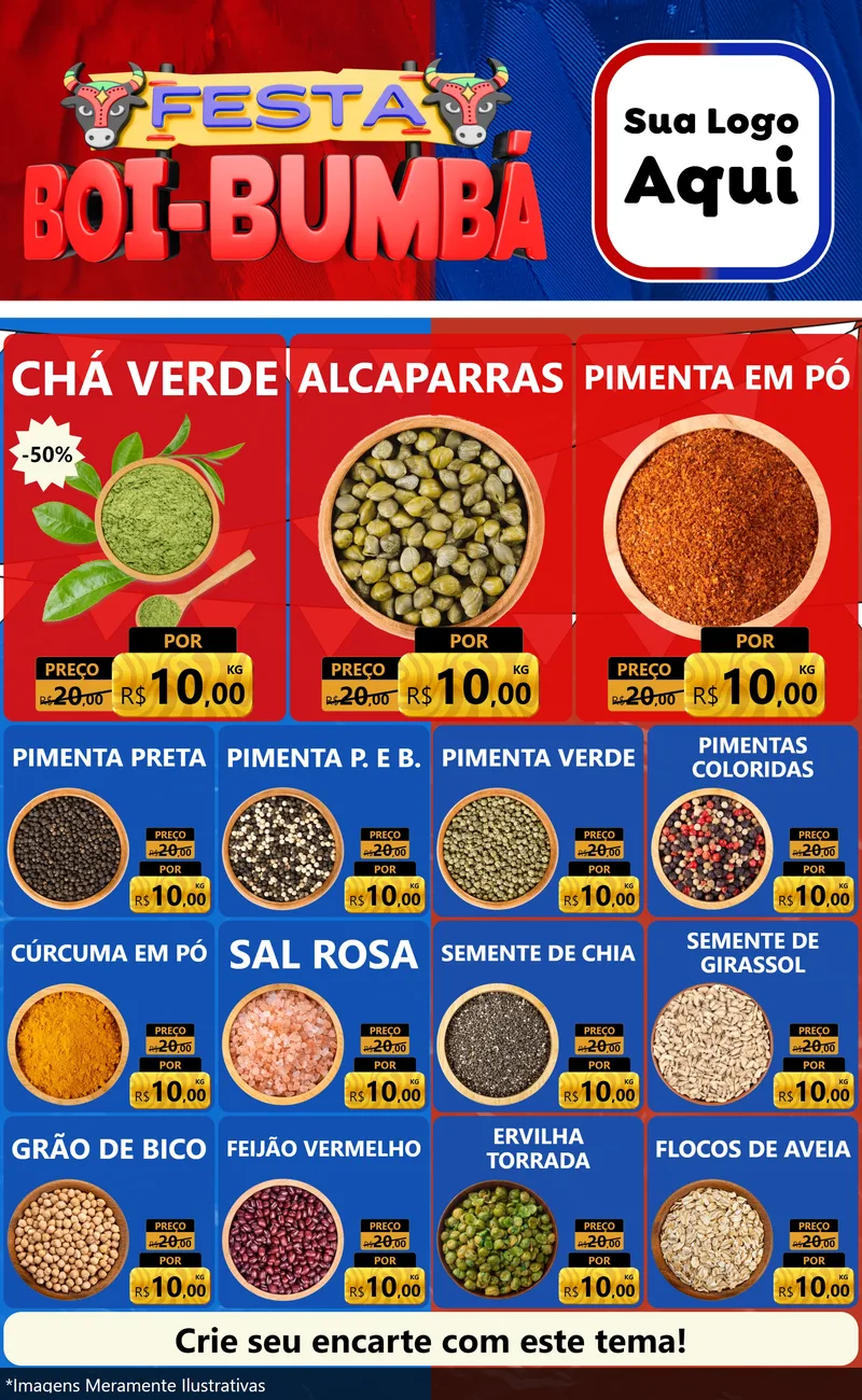 Modelo de Encarte para Encarte Grande com o tema Festa Boi Bumbá para Produtos Naturais