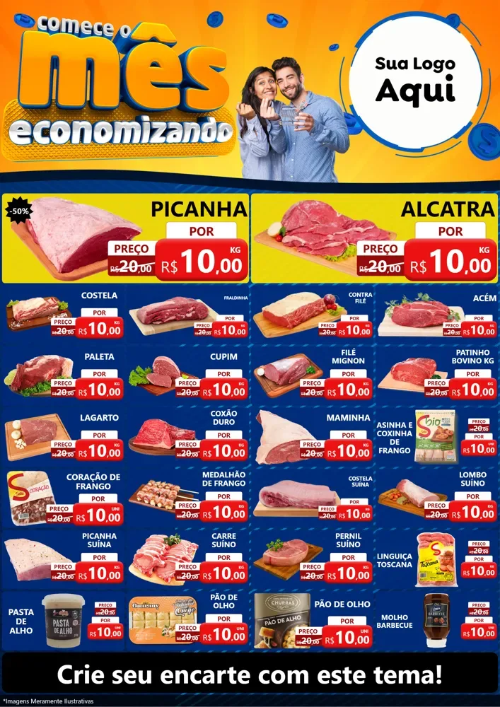 Modelo de Encarte para Encarte A4 Vertical com o tema Comece O Mês Economizando para Açougue