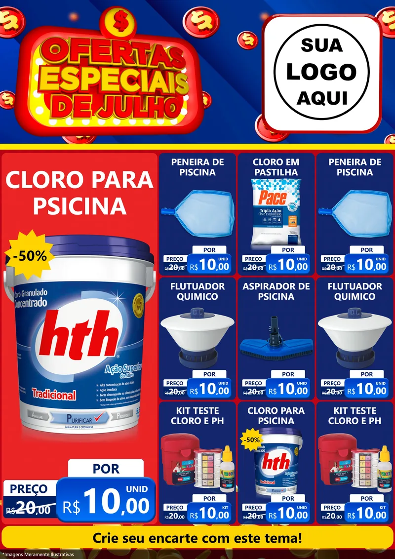 Modelo de Encarte para Encarte A4 Vertical com o tema Ofertas Especiais de Julho para Produtos para Piscina