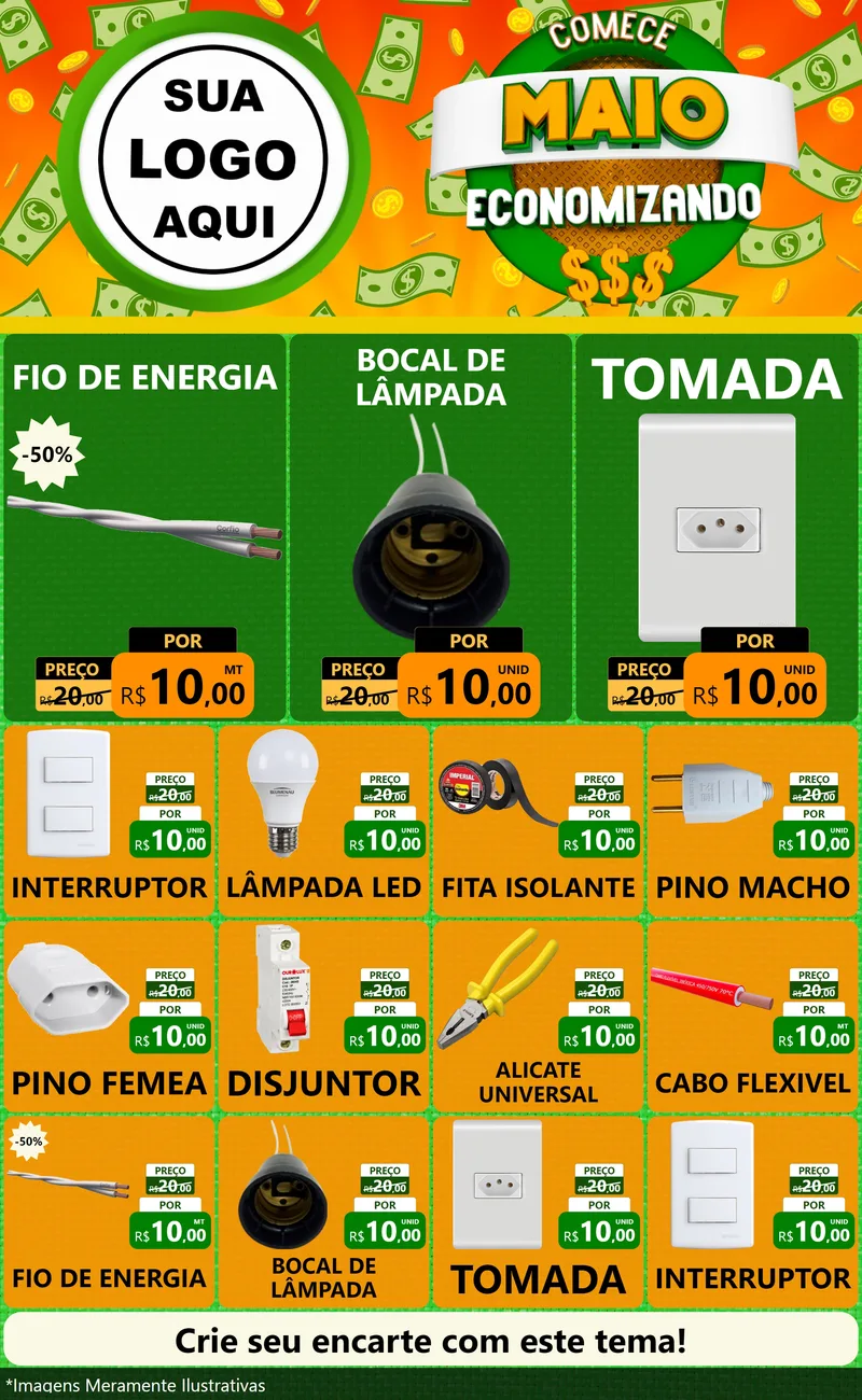 Modelo de Encarte para Encarte Grande com o tema Comece Maio Economizando para Materiais Elétricos
