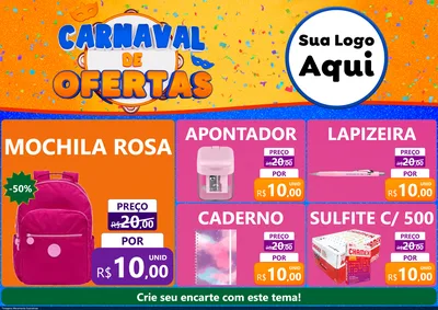 Modelo de Encarte para Encarte A4 Horizontal com o tema Carnaval de Ofertas para Papelaria
