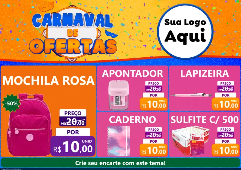 Modelo de Encarte para Encarte A4 Horizontal com o tema Carnaval de Ofertas para Papelaria