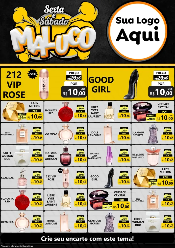 Modelo de Encarte para Encarte A4 Vertical com o tema Sexta e Sábado Maluco para Perfumes