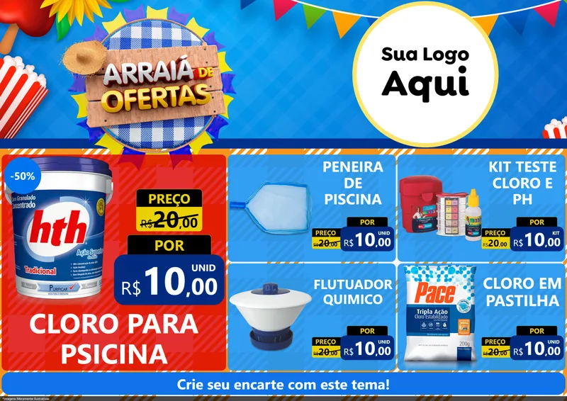 Modelo de Encarte para Encarte A4 Horizontal com o tema Arraiá de Ofertas para Produtos para Piscina