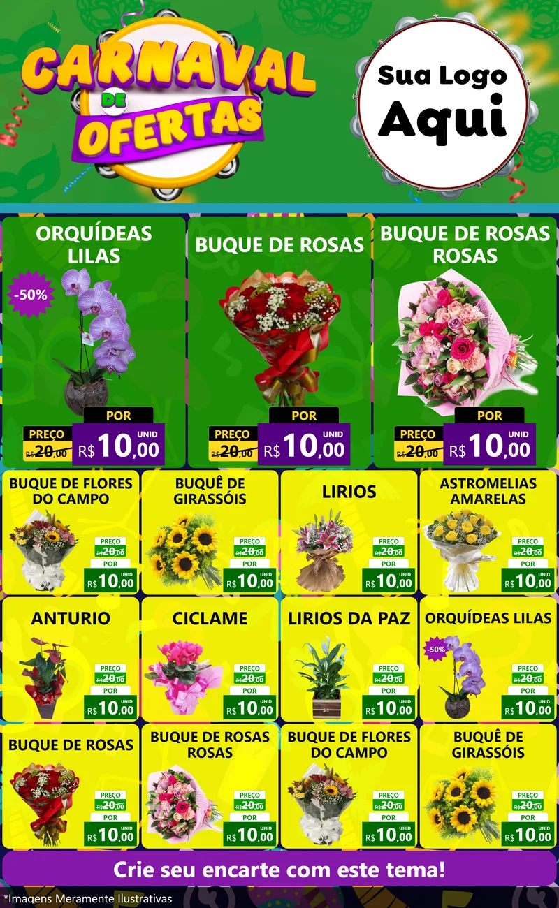 Modelo de Encarte para Encarte Grande com o tema Carnaval de Ofertas para Floricultura e jardim