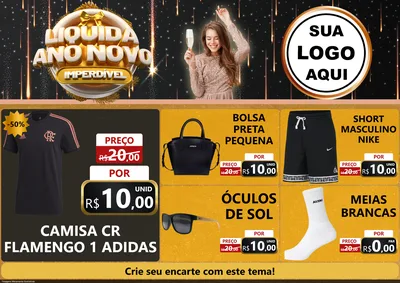 Modelo de Encarte para Encarte A4 Horizontal com o tema Liquida Ano Novo Imperdível para Roupas e acessórios